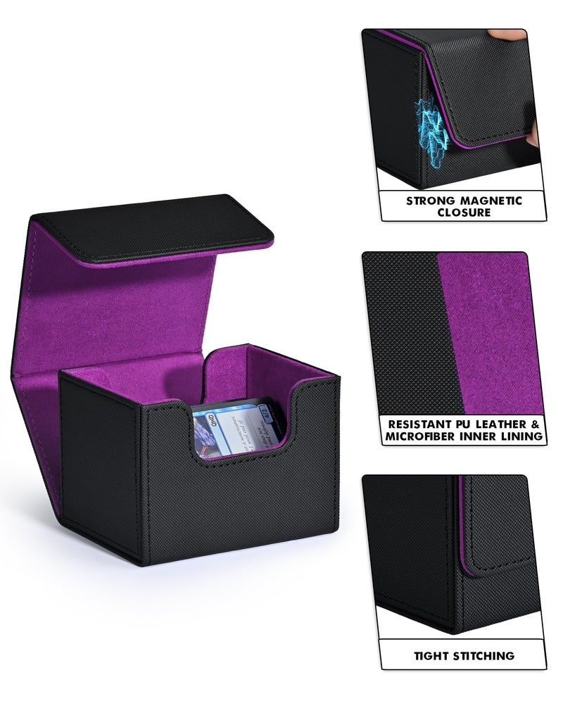 ZLCA Card Deck Box for Trading Cards  MTG Commander Deck Box Holds 120+ Single Sleeved Cards  Leather Magnetic Card Storage Box Fits for TCG CCG Magic Cards (Black& Purple) - Image 5
